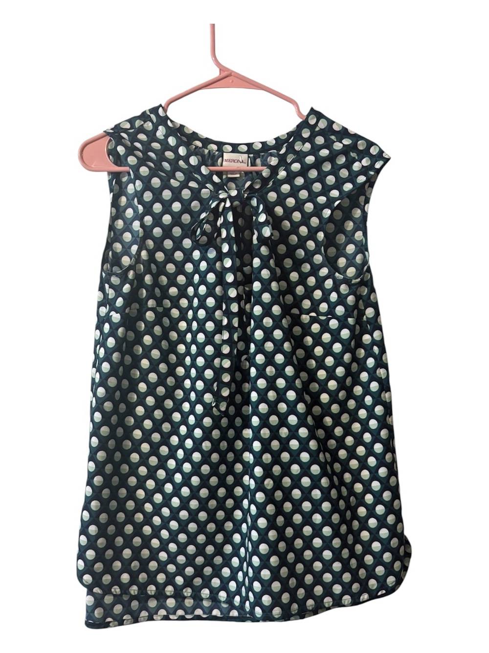 Merona Navy, White & Mint Geometric Polka Dot Tie-Neck Blouse